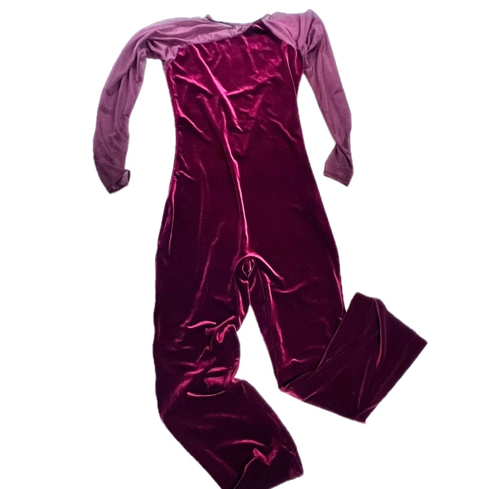 Cranberry velvet bodysuit one piece unitard leotard‎ long sleeve pants jumpsuit - Picture 5 of 12